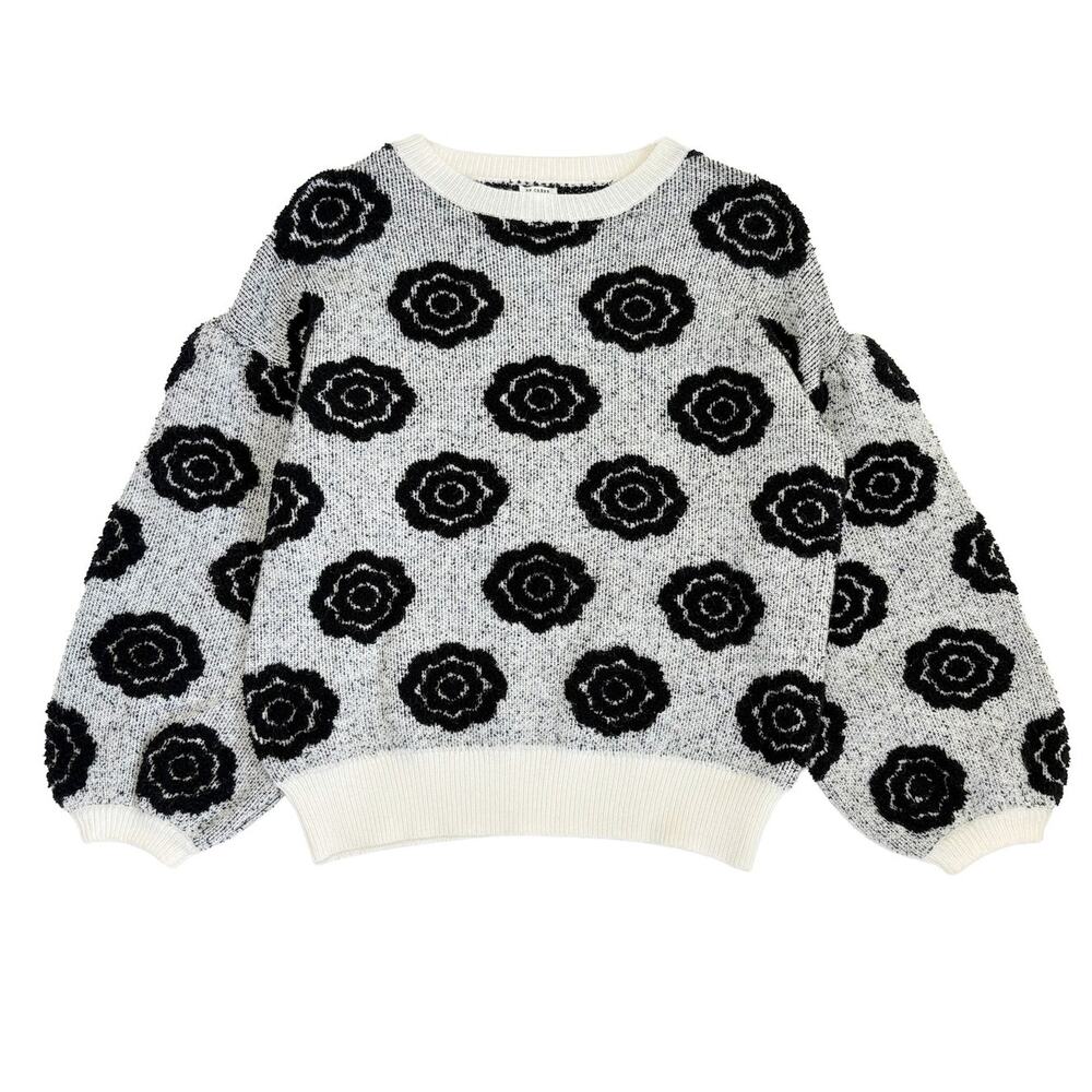 EN Creme Floral Eyelash Sweater Women M/L Black White Retro Twee Balloon Sleeve